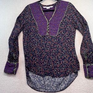 Veronica Beard Boho Floral Blouse Purple Contrast Trim Top Size 8 Rayon